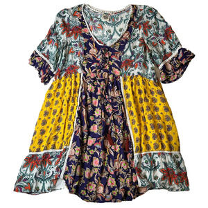 Lilka Anthropologie Patchwork Trapeze Flowy Short Boho Dress Size Large